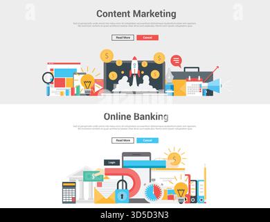 Flaches Design, grafisches Bildkonzept, Layout der Website-Elemente von Content Marketing und Online Banking. Symbole Sammlung von kreativen Workflows und Stock Vektor