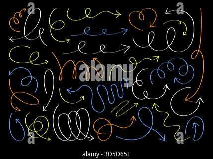 Handset zeichnet verschiedene Pfeile, wellige Linien, Symbole, Quietschen. Flache geometrische Linien mit mehrfarbigen, dünnen Neonkonturen zur Angabe der Richtung. Stockfoto