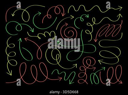 Handset zeichnet verschiedene Pfeile, wellige Linien, Symbole, Quietschen. Flache geometrische Linien mit mehrfarbigen, dünnen Neonkonturen zur Angabe der Richtung. Stockfoto