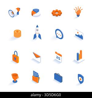 Isometrische flache Symbolgruppe. Digitales Netzwerk, Analyse und Marketing farbenfrohes Piktogramm, isoliert auf weiß. farbenfrohe 3D-Vektordarstellung Stock Vektor