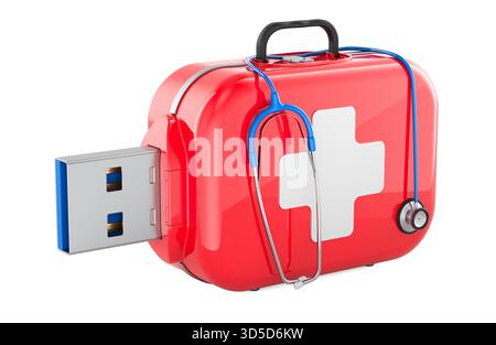USB Computer Rescue Kit, Konzept der Computer Virus Recovery und Notfall System Reparatur. 3D-Rendering isoliert auf weißem Hintergrund Stockfoto