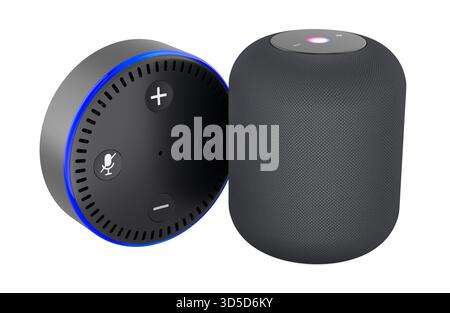 Intelligente Lautsprecher mit Sprachassistent und LED-Ring. 3D-Rendering isoliert auf weißem Hintergrund Stockfoto