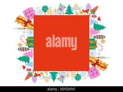 Konzept des Winterurlaubs mit quadratischem rotem Rahmen für Einladungen und Grußkarten für Weihnachten und Neujahr. Festliche Einrichtung, Tannen. Stockfoto
