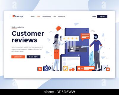 Landing-Page-Vorlage für Kundenrezensionen. Modernes Flachdesign des Webseitendesigns für Websites und mobile Websites. Einfach zu bearbeiten und anzupassen. V Stock Vektor