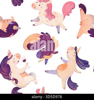 Niedliches nahtloses molliges Einhornmuster in lila und rosa nette Kinder Aquarellwiederholung für Stoff, Tapeten, Kinderzimmer Dekor, Planer, Kunst für Kinder, Perfe Stockfoto