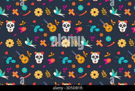 Tag der Toten, Dia de los muertos Hintergrund und nahtloses Muster. Vektorabbildung Stock Vektor