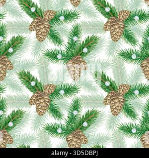 Nahtloses Wintermuster mit Tannenzapfen, Beeren und Fichtenzweigen, Aquarell. Weihnachten, festliches Design aus Stoff, Verpackung und Papier. Tannenzapfen und Nadeln werden von Hand gezogen. Stockfoto