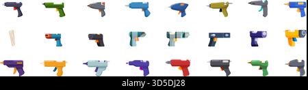 Symbolsatz für Schmelzkleber. Große Auswahl an Symbolen für Klebepistolen, die verschiedene Typen für Handwerker und heimwerker zeigen Stock Vektor