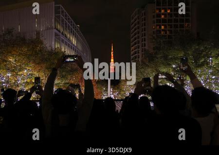 Besucher fotografieren die Winterbeleuchtung entlang der Keyakizaka Street in den Roppongi Hills in Tokio am 14. November 2025 in Japan. Etwa 800.000 LED-Leuchten „Snow & Blue“ beleuchten die 400 Meter lange Strecke bis zum 25. Dezember. Die Roppongi Hills sind auch während der Weihnachtszeit einer der beliebtesten Weihnachtsbeleuchtung in Tokio. Quelle: Rodrigo Reyes Marin/AFLO/Alamy Live News Stockfoto