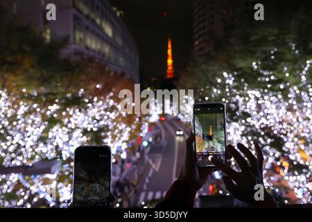 Besucher fotografieren die Winterbeleuchtung entlang der Keyakizaka Street in den Roppongi Hills in Tokio am 14. November 2025 in Japan. Etwa 800.000 LED-Leuchten „Snow & Blue“ beleuchten die 400 Meter lange Strecke bis zum 25. Dezember. Die Roppongi Hills sind auch während der Weihnachtszeit einer der beliebtesten Weihnachtsbeleuchtung in Tokio. Quelle: Rodrigo Reyes Marin/AFLO/Alamy Live News Stockfoto