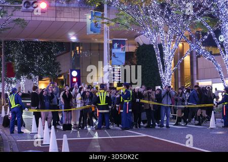 Besucher fotografieren die Winterbeleuchtung entlang der Keyakizaka Street in den Roppongi Hills in Tokio am 14. November 2025 in Japan. Etwa 800.000 LED-Leuchten „Snow & Blue“ beleuchten die 400 Meter lange Strecke bis zum 25. Dezember. Die Roppongi Hills sind auch während der Weihnachtszeit einer der beliebtesten Weihnachtsbeleuchtung in Tokio. Quelle: Rodrigo Reyes Marin/AFLO/Alamy Live News Stockfoto