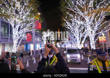 Besucher fotografieren die Winterbeleuchtung entlang der Keyakizaka Street in den Roppongi Hills in Tokio am 14. November 2025 in Japan. Etwa 800.000 LED-Leuchten „Snow & Blue“ beleuchten die 400 Meter lange Strecke bis zum 25. Dezember. Die Roppongi Hills sind auch während der Weihnachtszeit einer der beliebtesten Weihnachtsbeleuchtung in Tokio. Quelle: Rodrigo Reyes Marin/AFLO/Alamy Live News Stockfoto