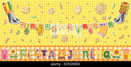 Festa Junina Vector Bunting Collage, brasilianisches Banner mit Fahnen, Strohhut, Mais, Sonnenblume, Akkordeon Stock Vektor