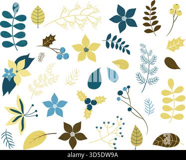 Winter- und Weihnachtslaub mit Blumen, Zweigen und Blättern in Blau- und goldgrünen Farben Stock Vektor