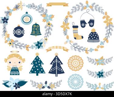 Elegantes Weihnachtsset mit Kränzen, Schneeflockenornamenten und festlichen Designelementen in Blau- und Goldtönen Stock Vektor