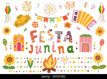 Niedliches Festa Junina Vektor-Set mit Grafiken - Akkordeon, Mais, Text, Feuer, Strohhut für Banner, Poster Stock Vektor