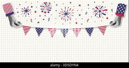 Glücklicher 4. Juli Vektor Hintergrund, USA Unabhängigkeitstag Bunting, Flaggen in Rot und Blau mit Sternen und Streifen Stock Vektor