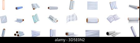 Set mit Symbolen für Zellophan-Stretchfolien. Set aus verschiedenen Rollen Stretchfolie für Lebensmittelverpackungen, die die Lagerung und Konservierung von Lebensmitteln darstellen Stock Vektor