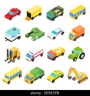 Arten von Automobile set isometrische Symbole. Abbildung: verschiedene Arten von Autos Stock Vektor