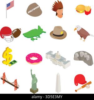 Usa Symbole in isometrischer 3D-Stil auf weißem Hintergrund einstellen Stock Vektor