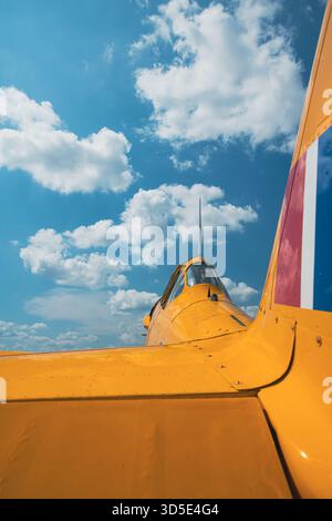 Flacher Blick auf das Cockpit und den Flügel eines alten gelben Militärtrainingsflugzeugs aus Bodenperspektive. Dramatische Aufwärtskomposition mit Flugzeugen Stockfoto