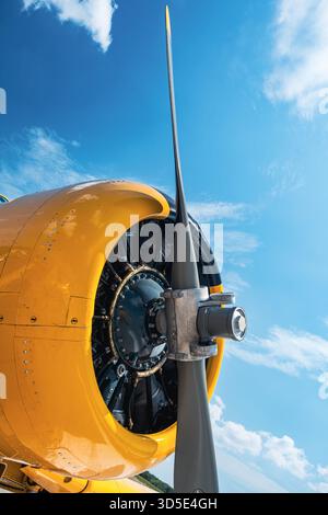 Nahaufnahme mit flachem Winkel des gelben Flugzeugtriebwerks und silbernem Propeller aus der Vorderansicht. Motorverkleidung offen mit detaillierten Radialmotoren c Stockfoto