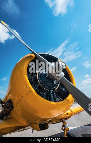 Nahaufnahme eines alten gelben Militärtrainingsflugzeugs mit Radialmotor und silbernem Propeller auf der Landebahn. Vorderansicht mit detailliertem Motor Stockfoto