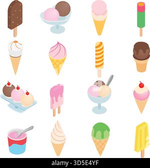 Eis Symbole in isometrischer 3D-Stil auf weißem Hintergrund einstellen Stock Vektor