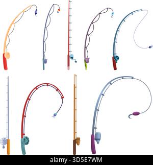 Angelrud-Ikonen gesetzt. Cartoon-Set mit Vektorsymbolen für Angelruten für Webdesign Stock Vektor