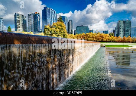 Blick auf den Bellevue City Park im Bundesstaat Washington mit Wolkenkratzern in der Ferne. Stockfoto