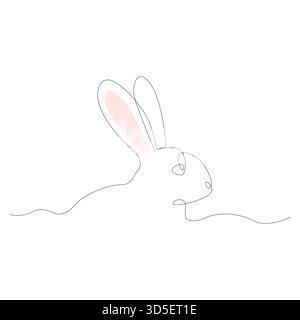 Kaninchen mit durchgehender Linie. Rosafarbenes Ohr. Moderne einzeilige Kunst. Minimalistischer Tiervektor. Stock Vektor