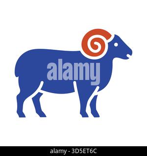 Schwarze Glyphe-Ikone eines stehenden Widders mit großen gewellten Hörnern. Einfaches, flaches Design, perfekt für Astrologie-Projekte in der Landwirtschaft, im Fleisch oder mit Sternzeichen. Stock Vektor