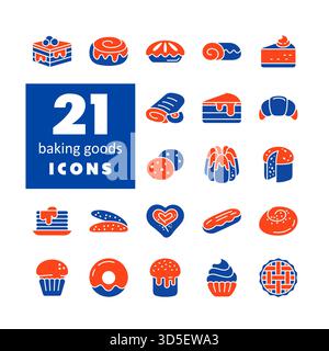 Ein einfaches Set aus 21 Glyphen-Symbolen mit Backwaren wie Kuchen, Gebäck, Keksen und verschiedenen Brotsorten. Diese Kollektion eignet sich perfekt für Menüs, Food Blo Stock Vektor