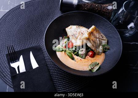 Fischgericht: Gebratener Kabeljau mit Spinat und Kapern in Safransauce auf einem Marmortisch Stockfoto