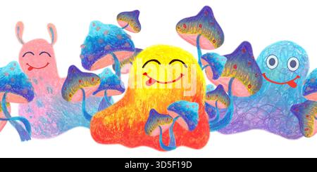 Rot-gelb-violett-flauschige Kreatur in blauen Pilzen. Ölpastellfarben gezogener nahtloser Rand. Für spielerische Designs, Spieleinstellungen, Spielzeug für Kinder und Kinder, Stockfoto