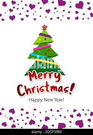 Frohe Weihnachten. Ein Weihnachtsbaum und eine Ballongirlande. Ein Banner in Form eines Herzens. Stock Vektor