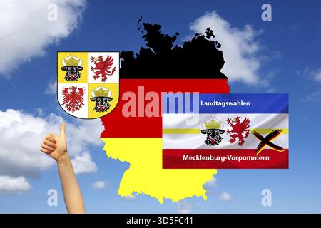 Landtagswahl, Landtagswahl in Mecklenburg-Vorpommern, Landkarte Deutschland, Landesflagge, Wappen, Atelierfoto, Niedersachsen, Bundesrepublik Deutschland Stockfoto