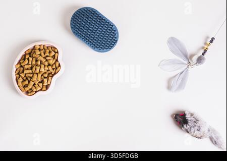 Schüssel mit trockenem Katzenfuttergranulat, Bürste und Spielzeug auf hellem Hintergrund Draufsicht Stockfoto