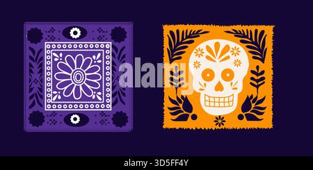 Mexikanisches Papel Picado Rahmenrandset, festliches und farbenfrohes flaches Vektor-Design, traditionelles Festival Stock Vektor