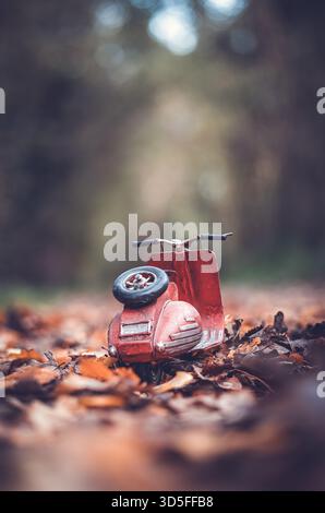Ein kleines rotes Vintage-Rollerspielzeug auf dem Boden mit Herbstlaub. Erfasst mit geringer Schärfentiefe für einen sauberen und weichen Hintergrund, Stockfoto