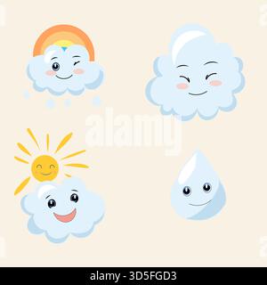 Setzen Sie Kawaii Wetter, Wolken lächeln, Regenbogen und Sonne, genießen Sie flache Vektorelemente Stock Vektor
