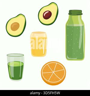 Set von groovigen Früchten und Smoothies isoliert : Orangenscheiben, grüner Saft, Avocado, flacher Vektor Stock Vektor