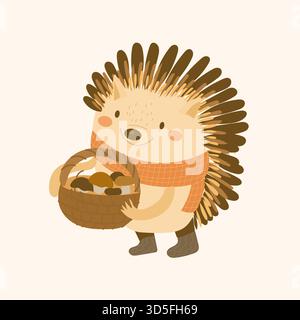 Herbstszene mit Igel mit Korb mit Pilzen, flacher Vektor-Cartoon Stock Vektor