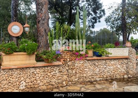 Dekorative Gartenwand aus kleinen, abgerundeten Steinen, gekrönt mit Pflanzgefäßen, Kakteen und blühenden Pflanzen Stockfoto