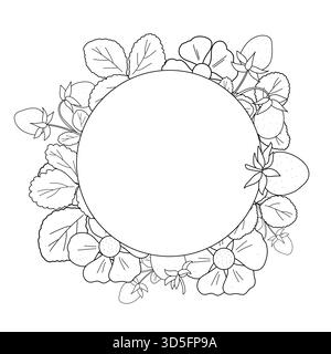 Runder Vektorrahmen mit Blumen, Erdbeeren und Blättern. Botanische Schwarzweiß-Strichgrafik mit Platz für Text in der Mitte. Geeignet für Karten und Einladungen Stock Vektor