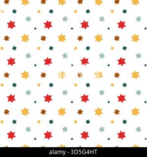 Minimalistisches, flaches nahtloses Muster mit roten, goldenen, grünen und mintfarbenen Sternen auf weißem Hintergrund. Vektordruck für festliche Feiertage Stock Vektor
