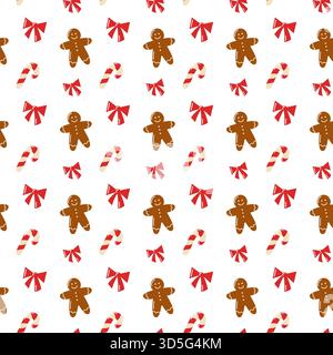 Nahtloses Weihnachtsmuster mit Lebkuchenmännern, Zuckerstangen und roten Bögen. Vektor-Feiertagshintergrund Stock Vektor