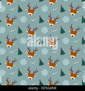 Nahtloses festliches flaches Muster mit Rentiergesichtern, Weihnachtsbäumen, Schneeflocken und Feenlichtern auf weichem blauem Hintergrund Stock Vektor