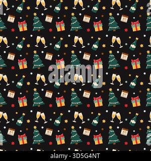 Nahtloses Muster in flachem Stil mit Sektgläsern, Neujahrskalendern, Geschenken, Tannen und Sternen auf schwarzem Hintergrund Stock Vektor