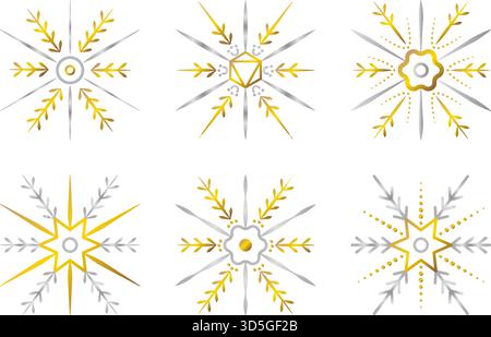 Festliches Gold und Silber Schneeflocken Set, glänzende Farbverlauf Gold und Chrom Schneeflocken Sammlung, Winter Hochglanz Vektor Cliparts Stock Vektor